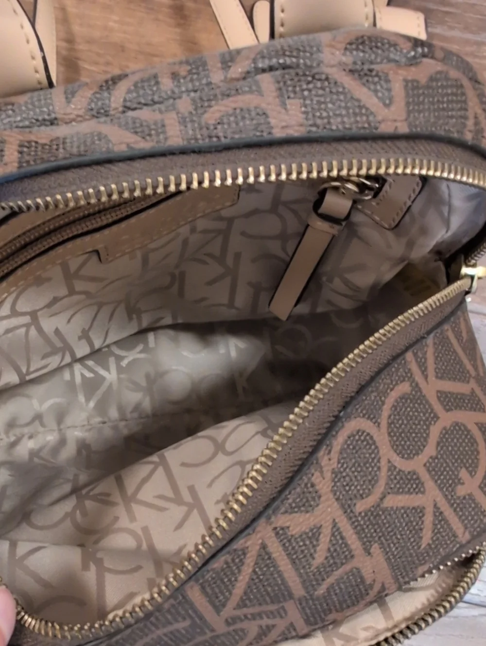 Calvin Klein Brown Monogram Mini Backpack with Tan Handle